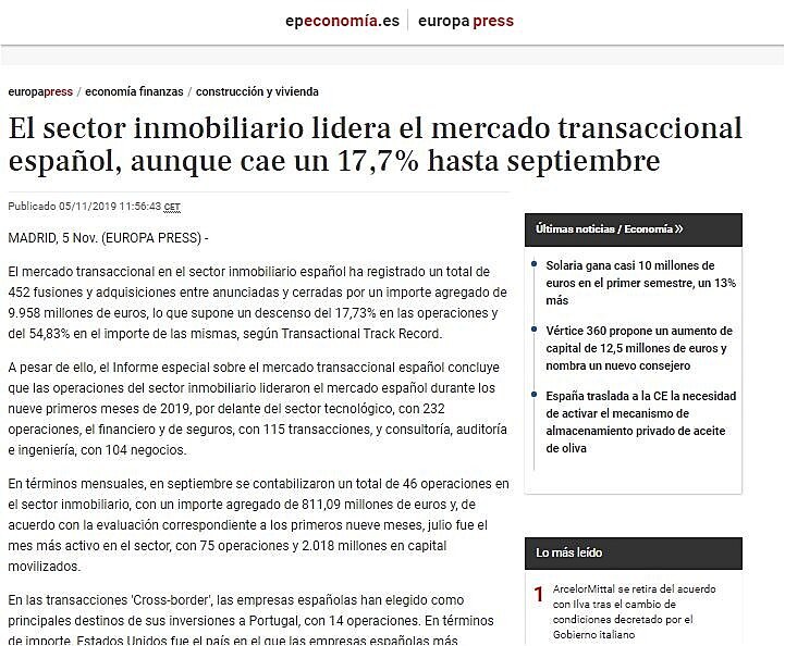 El sector inmobiliario lidera el mercado transaccional espaol, aunque cae un 17,7% hasta septiembre